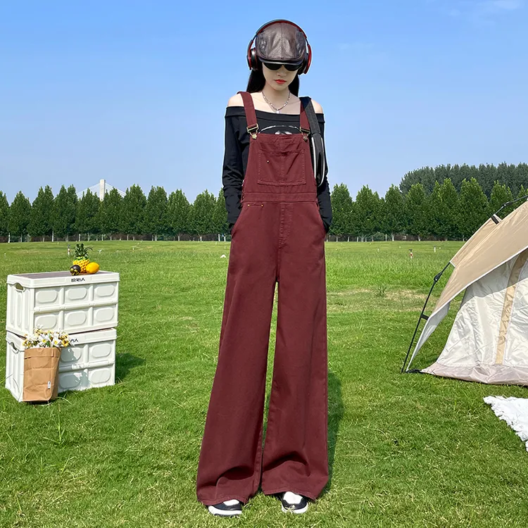 气质减龄牛仔背带裤女春秋季新款显瘦慵懒风安可拉红阔腿连体长裤