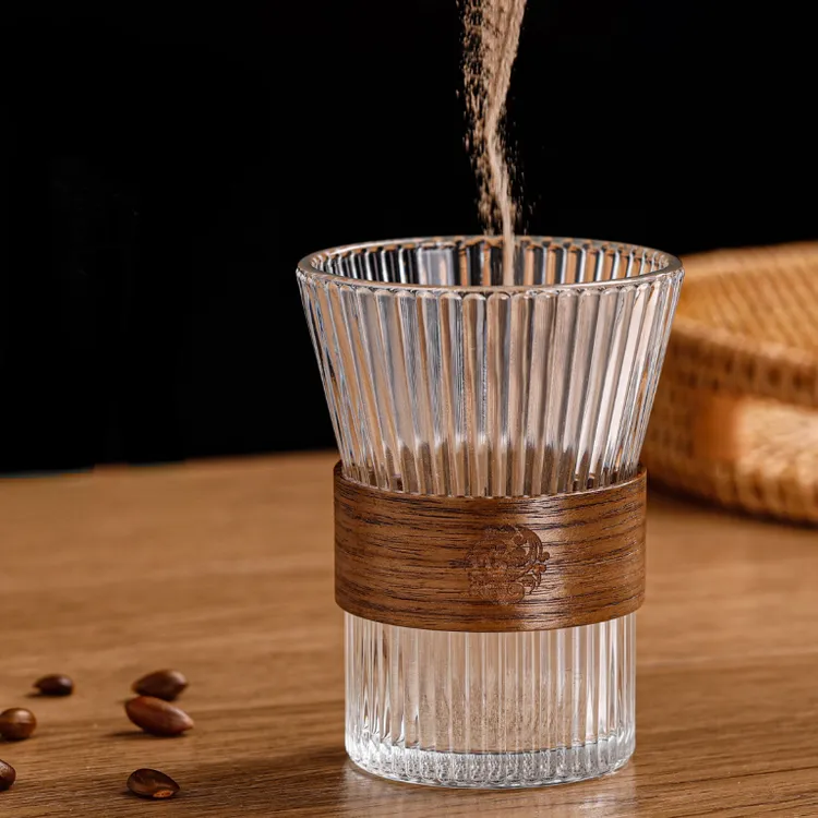 高颜值束腰玻璃杯挂耳咖啡杯加厚隔热日式竖纹喝水杯茶杯牛奶杯子