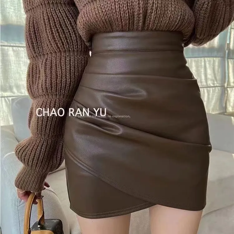 辣妹pu不规则半身裙女秋冬性感皮裙高腰包臀短裙显瘦褶皱a字裙子