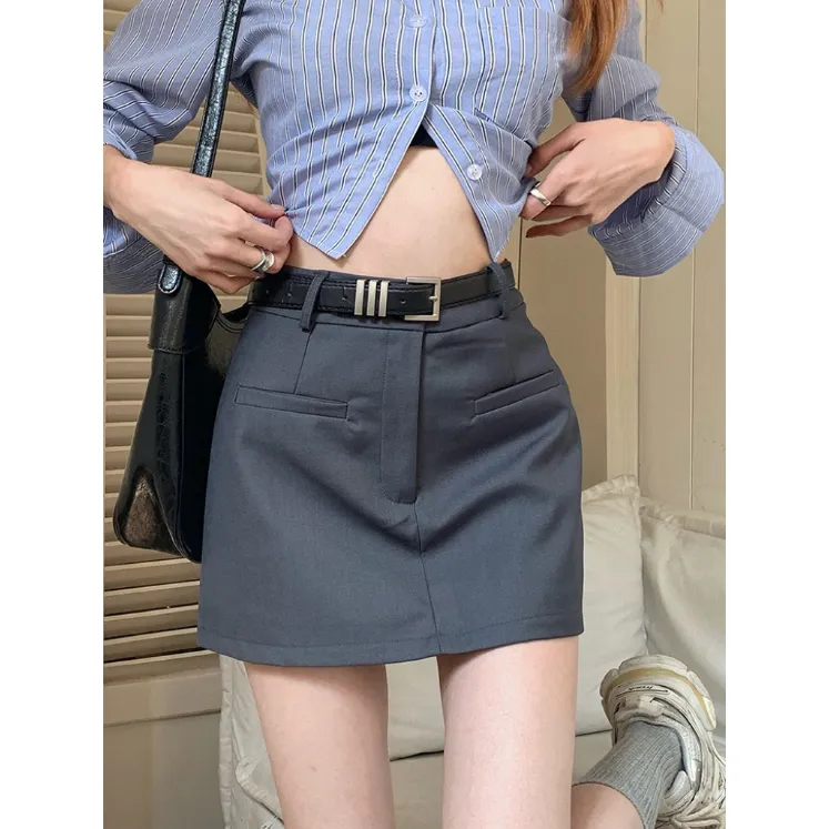 灰色韩版夏季新款半身裙女高腰休闲西装百搭显瘦A字防走光短裙子