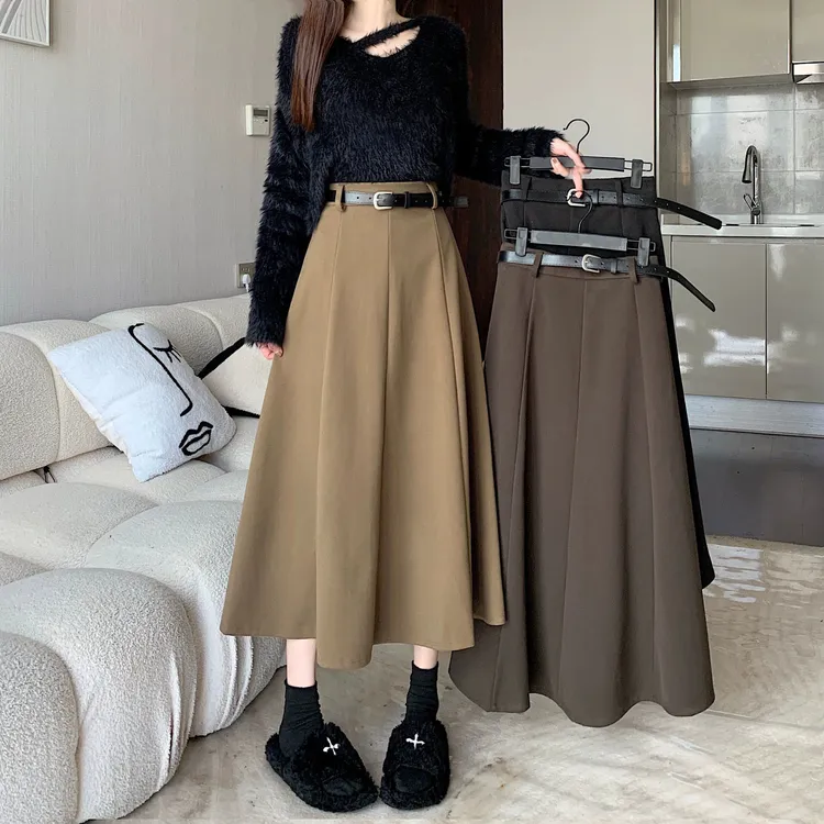 配腰带毛呢秋冬新款半身裙女高腰显瘦气质遮胯中长裙休闲a字裙子