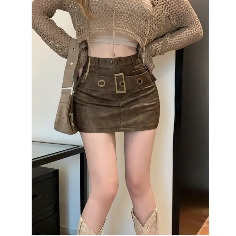 美式复古棕色pu皮裙半身裙女春季新款辣妹紧身包臀短裙百搭a字裙