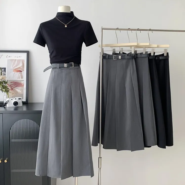 韩版灰色气质西装百褶裙女夏季高腰a字半身裙长裙遮胯显瘦伞裙子