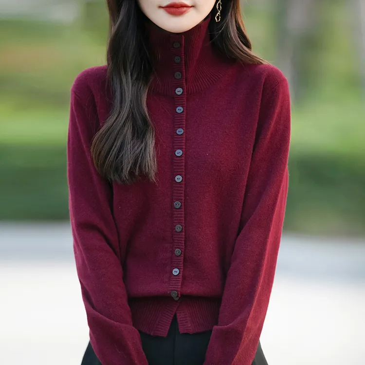 秋冬新款针织开衫毛衣女2024高翻领长袖简约内搭厚款打底衫