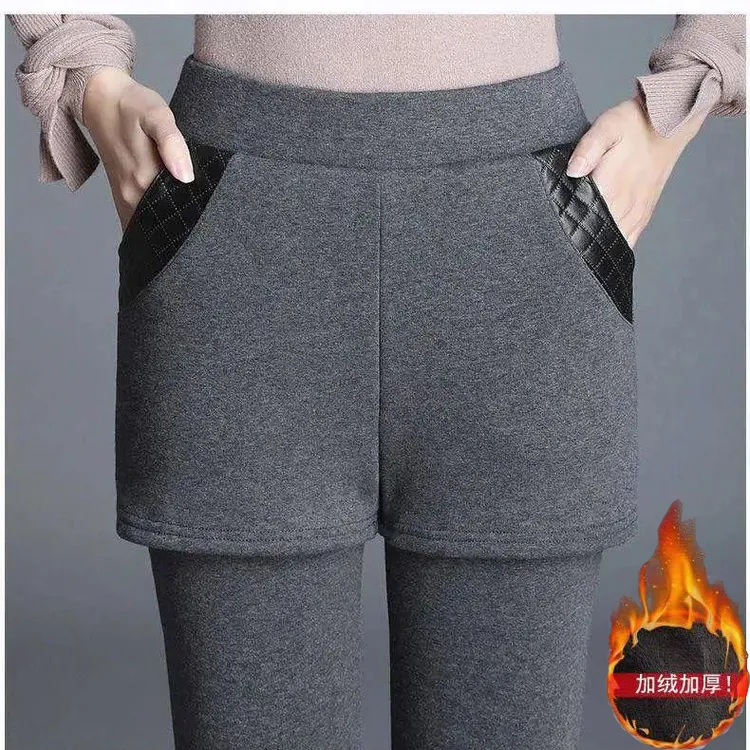 德绒冬季加绒加厚假两件显瘦打底裤女外穿高腰保暖弹力紧身大码裤
