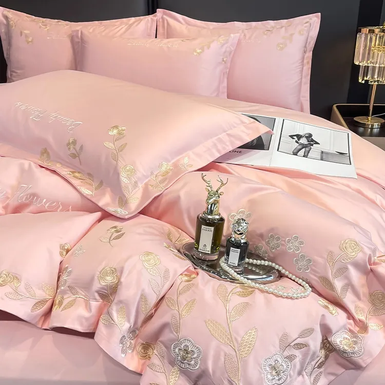 富安娜200支长绒棉全棉四件套纯棉轻奢床单花卉刺绣被套床上用品4