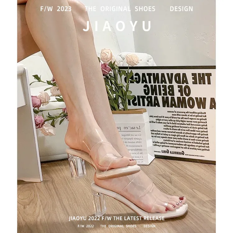 羊皮版透明高跟鞋厚底透明凉鞋人字拖鞋ins爆款外穿露趾海边黑色