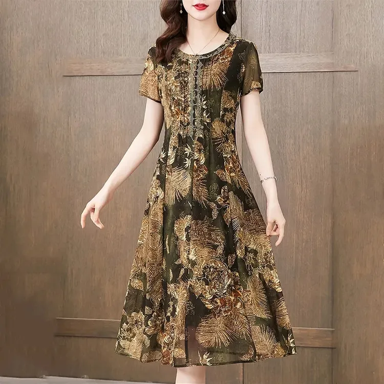 高档弹力台湾网纱连衣裙女2024夏季新款妈妈遮肚圆领时尚中长裙子