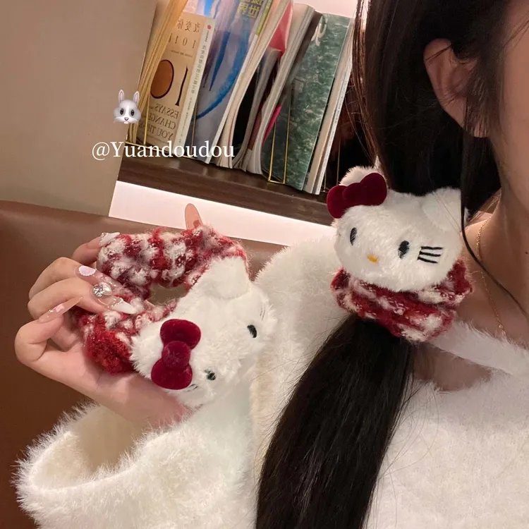 秋冬酒红色kt猫大肠发圈发绳毛绒蝴蝶结少女小众韩版百搭丸子头
