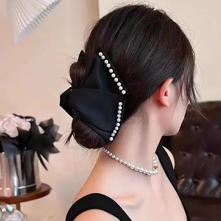 蝴蝶结发夹法式复古大号发量多缎面珍珠鲨鱼夹后脑勺盘发发抓夹女
