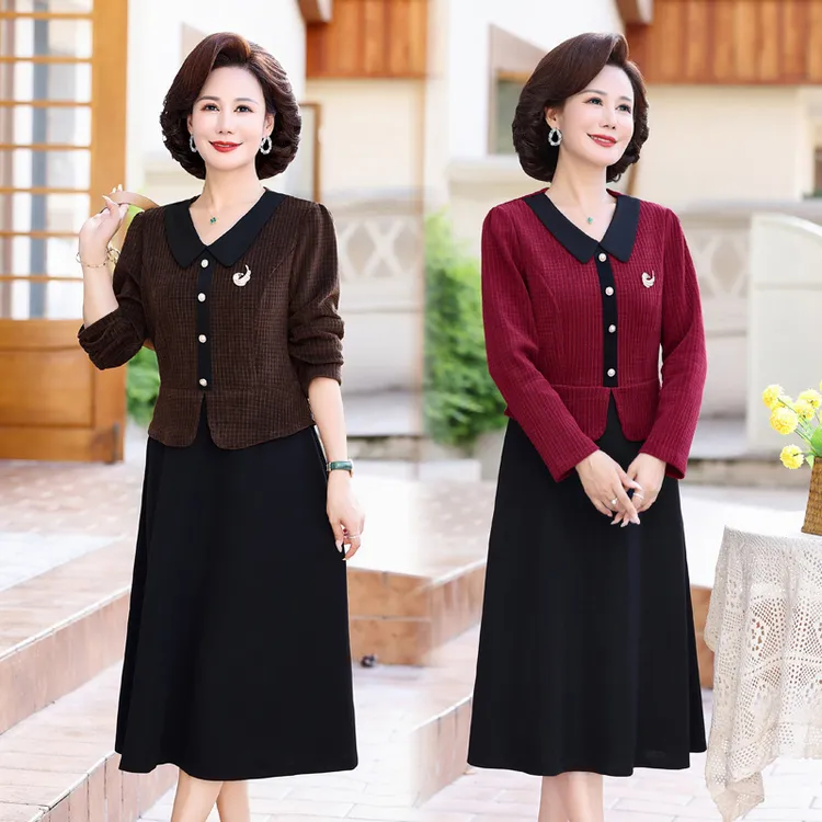 中年妈妈秋冬装加厚连衣裙中长款时尚洋气阔太太假两件长袖裙子女