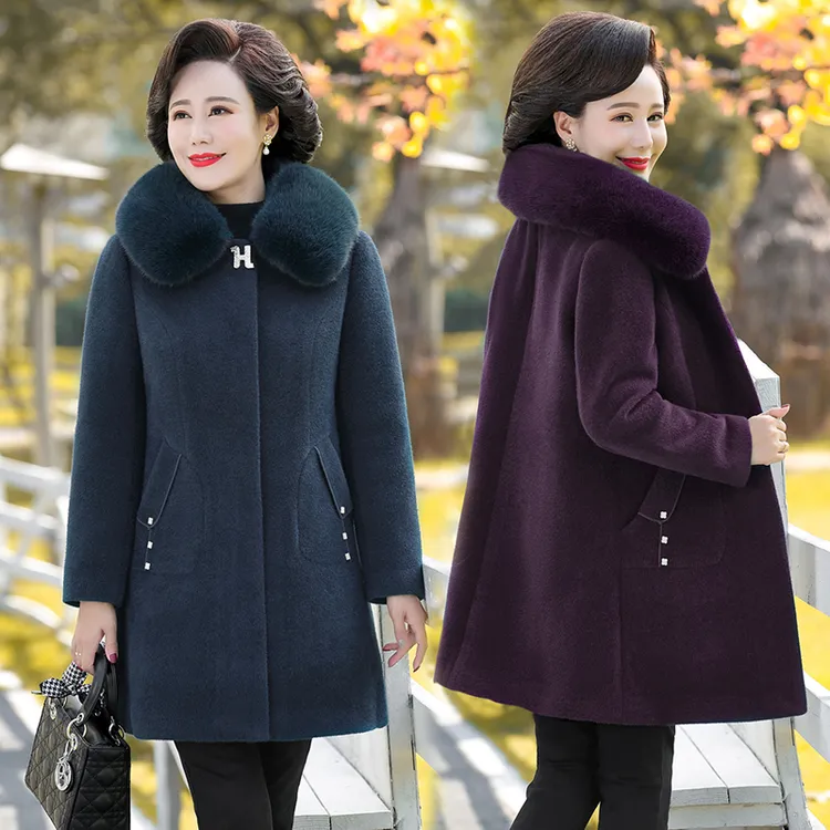 妈妈冬装外套中长款毛呢大衣女洋气仿水貂绒上衣中老年女装秋冬