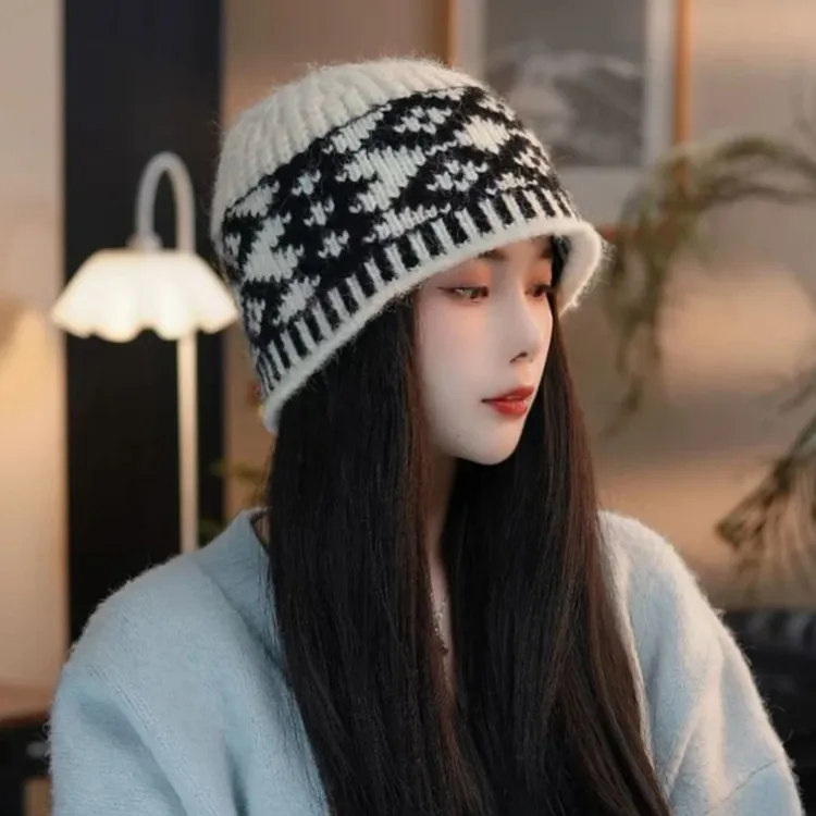 韩式小众设计师复古格纹针织帽子女秋冬季新款百搭保暖护耳毛线帽