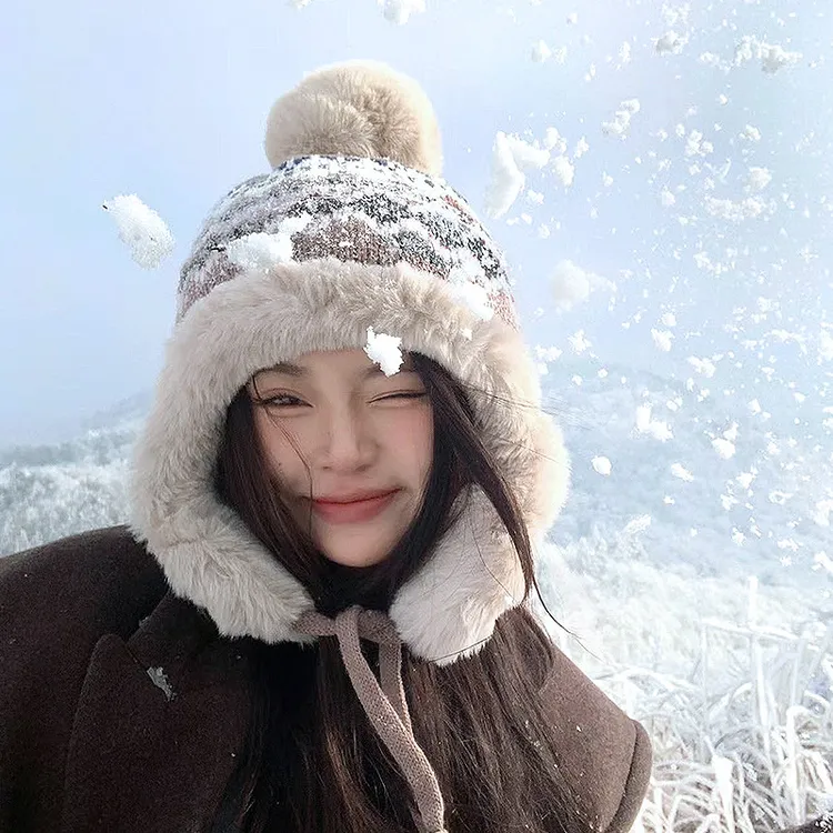 冬季加厚加绒保暖雷锋帽子女针织提花图案护耳帽东北防寒百搭休闲