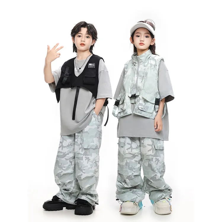 街舞儿童潮服男童机能马甲套装hiphop表演服女童嘻哈炸街演出服装