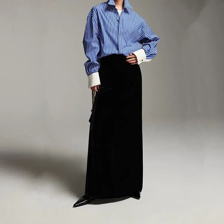 高级丝绒垂坠光泽感A字半身裙大码胖mm显瘦高个子秋冬拖地长裙子