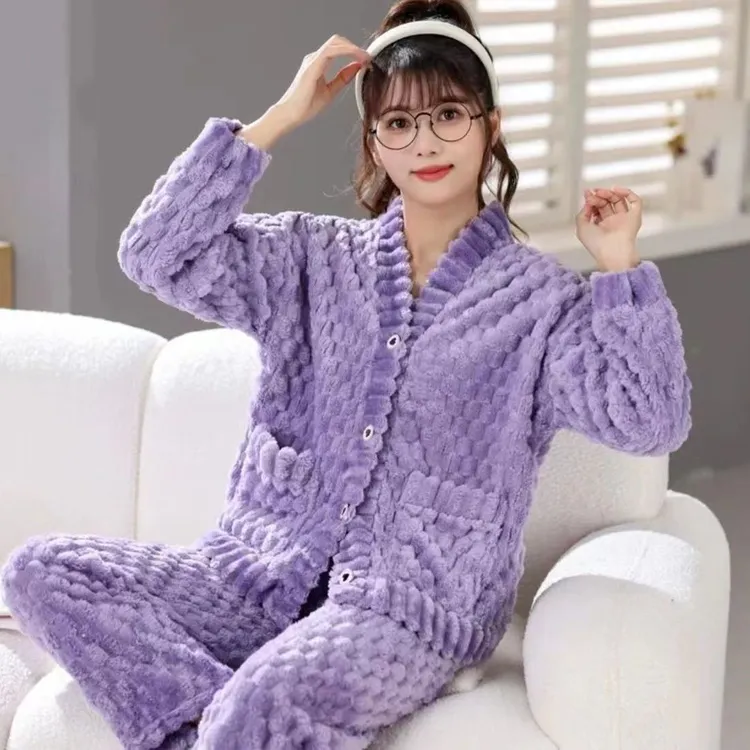 舒适V领紫色睡衣女珊瑚绒秋冬2025新款保暖简约洋气两件套家居服