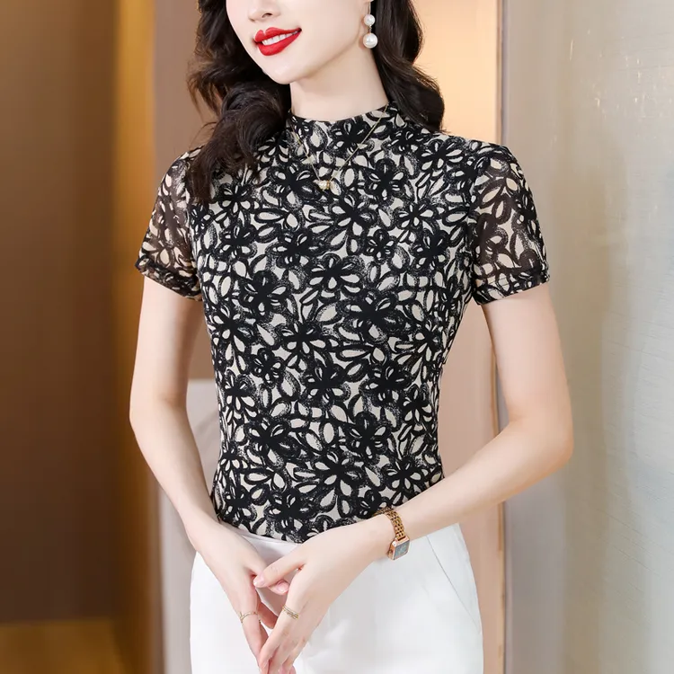 半高领仿真丝短袖T恤女夏季网眼弹力显瘦上衣复古印花半袖小衫潮