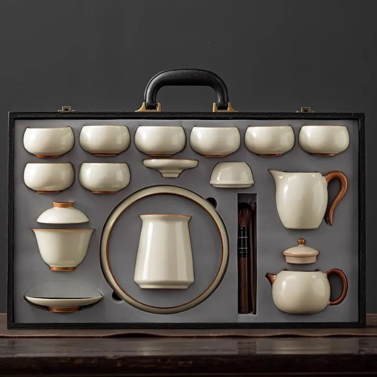 汝窑茶具礼品套装茶壶茶杯盖碗轻奢高档功夫盖碗陶瓷家用办公会客