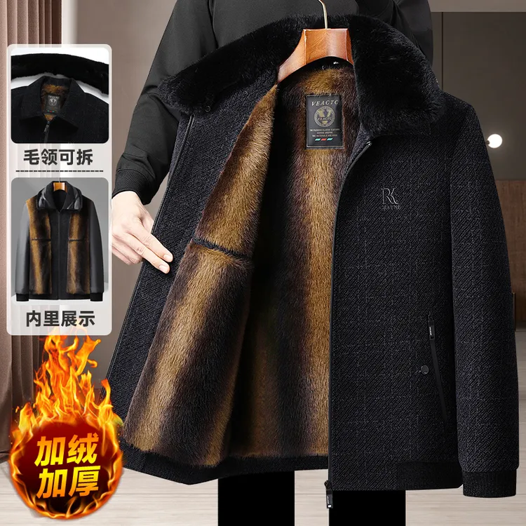 冬季中老年加绒加厚雪尼尔外套爸爸装毛领可拆卸保暖棉衣冬装棉服