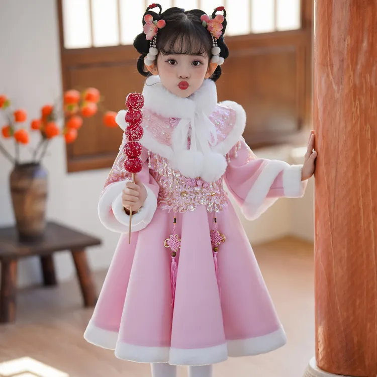 女童冬季保暖儿童连衣裙小女孩加绒加厚冬款女孩拜年服装