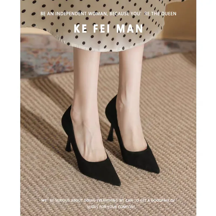 2024新款尖头细跟高跟单鞋女浅口黑色职业工作鞋正装礼仪上班鞋女