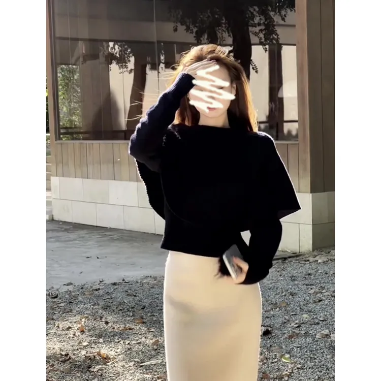 2025秋季新款女法式高级感修身斗篷毛衣上衣气质高腰针织半身裙