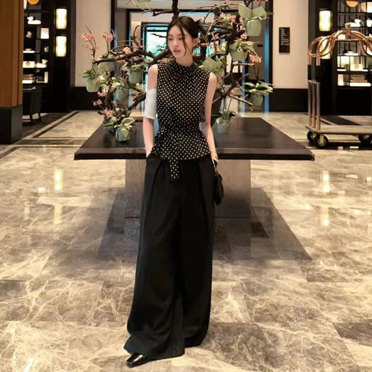 2024夏季新款女高级感气质波点收腰系带上衣百搭高腰阔腿长裤子
