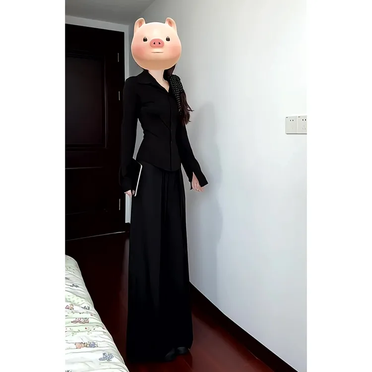 2025秋季新款高级感POLO领修身衬衫上衣设计感百搭高腰显瘦阔腿裤