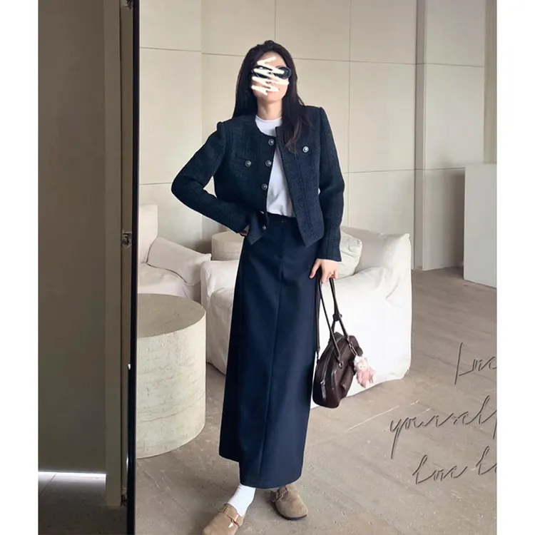 2025秋季新款女韩版小香风修身短款外套气质高腰西装直筒半身裙子