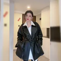 小乖逃腰带皮衣 优雅简约大气皮衣外套黑色显瘦羊皮时尚1022