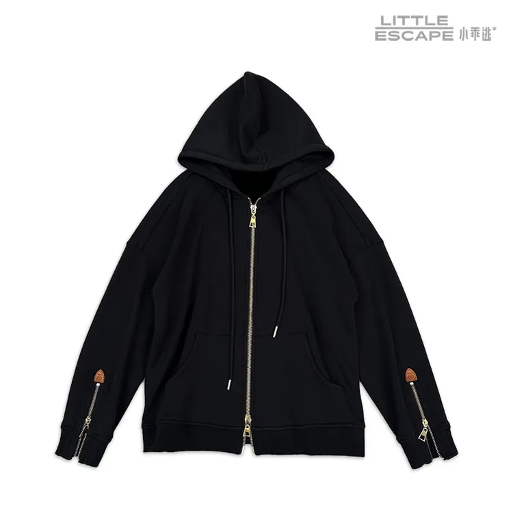 小乖逃D银狐绒黑色休闲外套春季时尚带帽宽松百搭袖子拉链6062