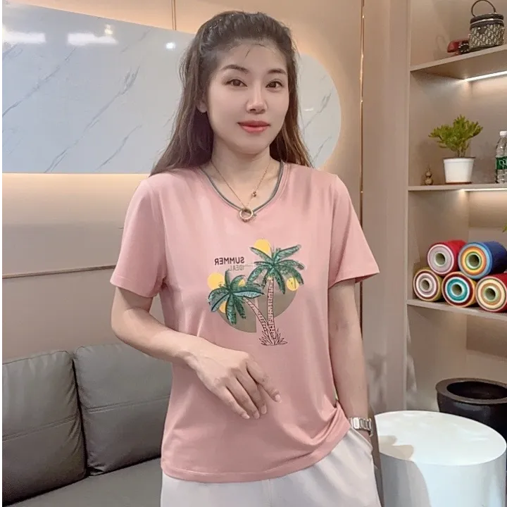怡特美【椰子树】兰精莫代尔+棉 5A抗菌 自然卷V领刺绣短袖t恤24035