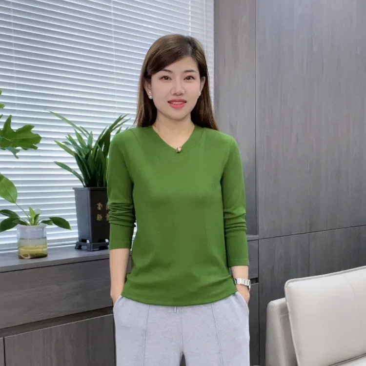 怡特美春季设计感V领罗纹棉气质秋装长袖纯色百搭打底衫22911