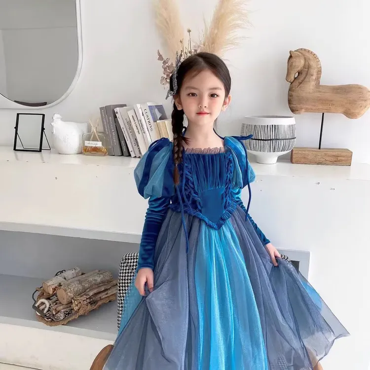 YA定制女童灰姑娘公主裙大童生日连衣裙花童礼服丝绒裙子袖子可拆