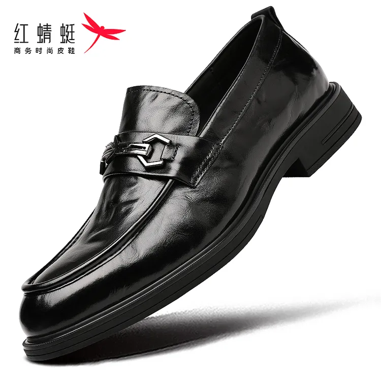 红蜻蜓男鞋秋季男士商务正装休闲一脚蹬皮鞋乐福鞋男手抓纹真皮潮