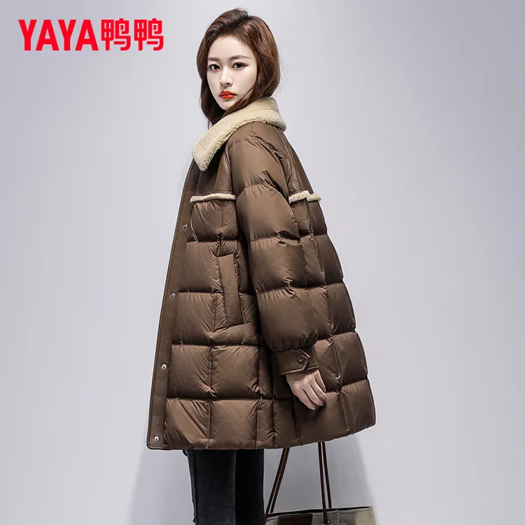 鸭鸭中长款羽绒服女冬2025新品时尚保暖拼接加厚百搭翻领鸭绒外套