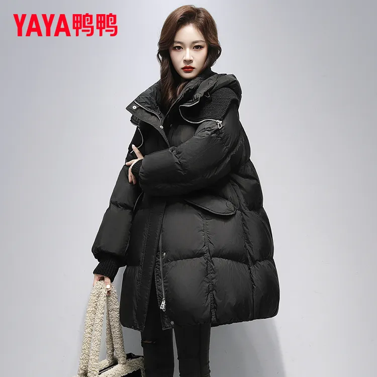 YAYA/鸭鸭中长款羽绒服女2024冬季新品时尚保暖加厚潮流鸭绒外套