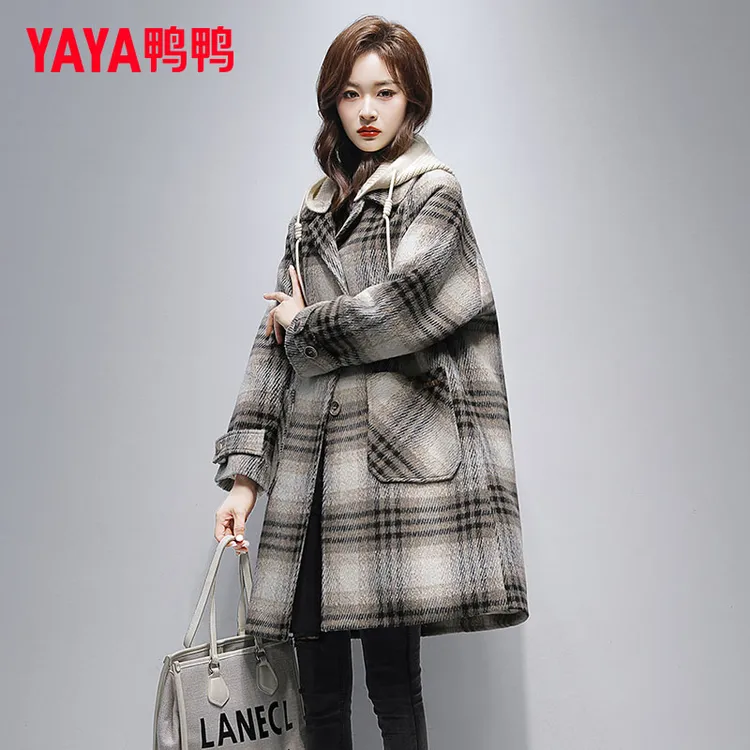 YAYA/鸭鸭毛呢格子羽绒服女2025秋冬新款时尚中长款加厚保暖外套