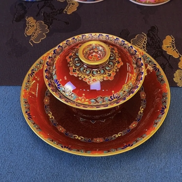景德镇手工【郎红手绘珐琅彩盖碗】高端茶器茶具喝茶送礼收藏陶瓷