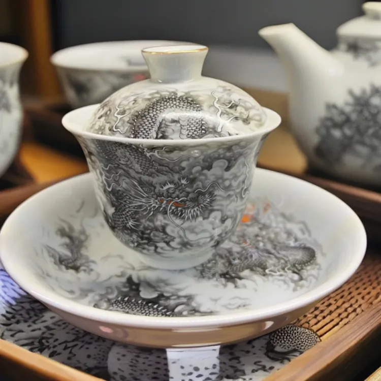 景德镇手工三才墨彩墨龙盖碗高端茶器泡茶喝茶室办公送礼收藏陶瓷