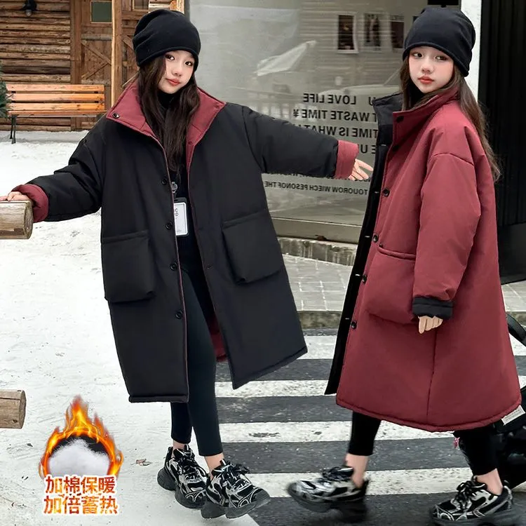 女童中长款加厚洋气两面穿外套2024新款韩版中大童冬季保暖棉服潮