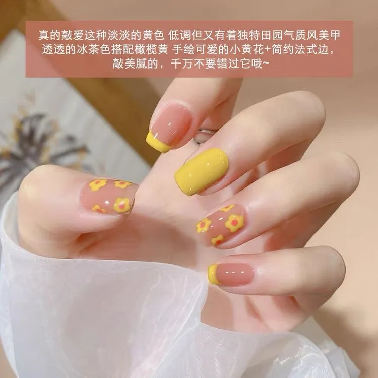 手工穿戴甲短款法式简约美甲手绘小黄花假指甲春夏温柔可爱学生甲