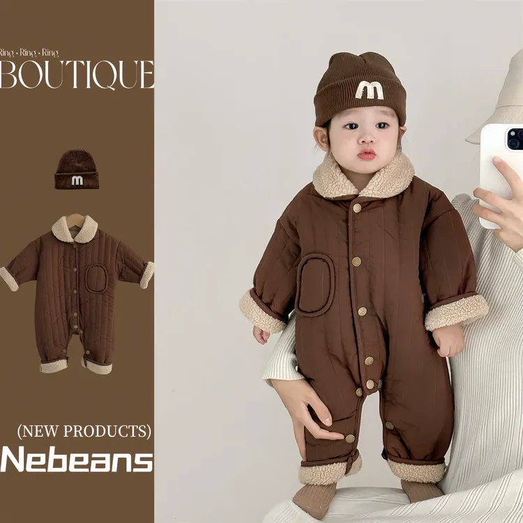25秋冬加绒新品男女宝宝潮款哈衣爬服婴儿小棉袄连身衣咖色外出服