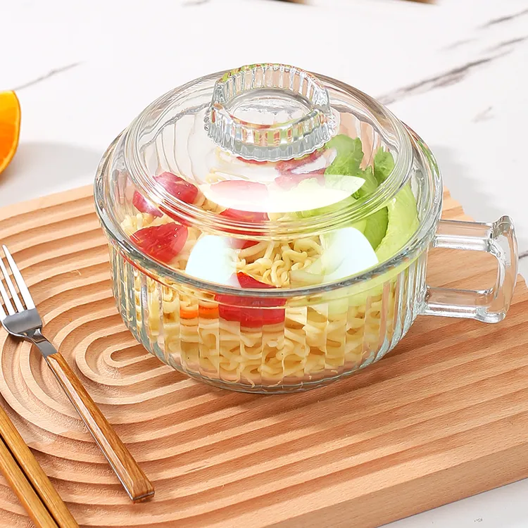 ins风琥珀加厚玻璃碗带盖带把手家用宿舍学生大号泡面碗大容量