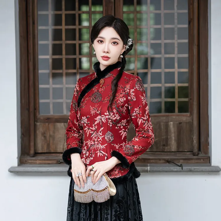 冬款喜上梅稍 长袖日常款复古加绒加厚民国风拜年新中式上衣旗袍
