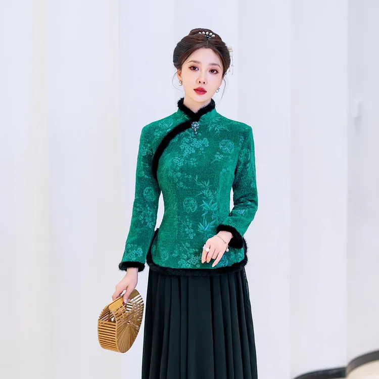  冬款中式冰蓝旗袍 苏绣梅花绒面 加厚小个子显瘦气质【富贵一生】