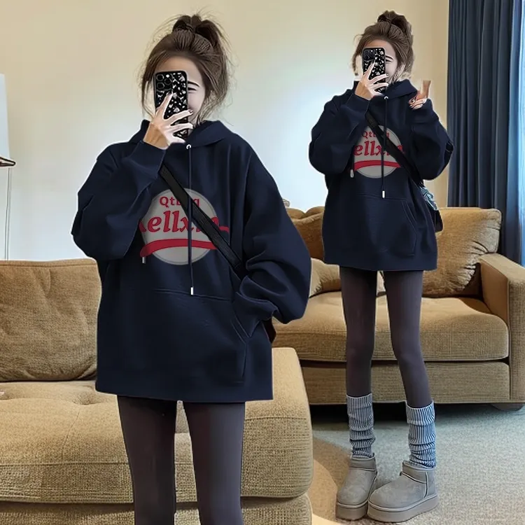 秋冬季藏青色连帽卫衣外套女2025新款爆款宽松加绒加厚慵懒风上衣