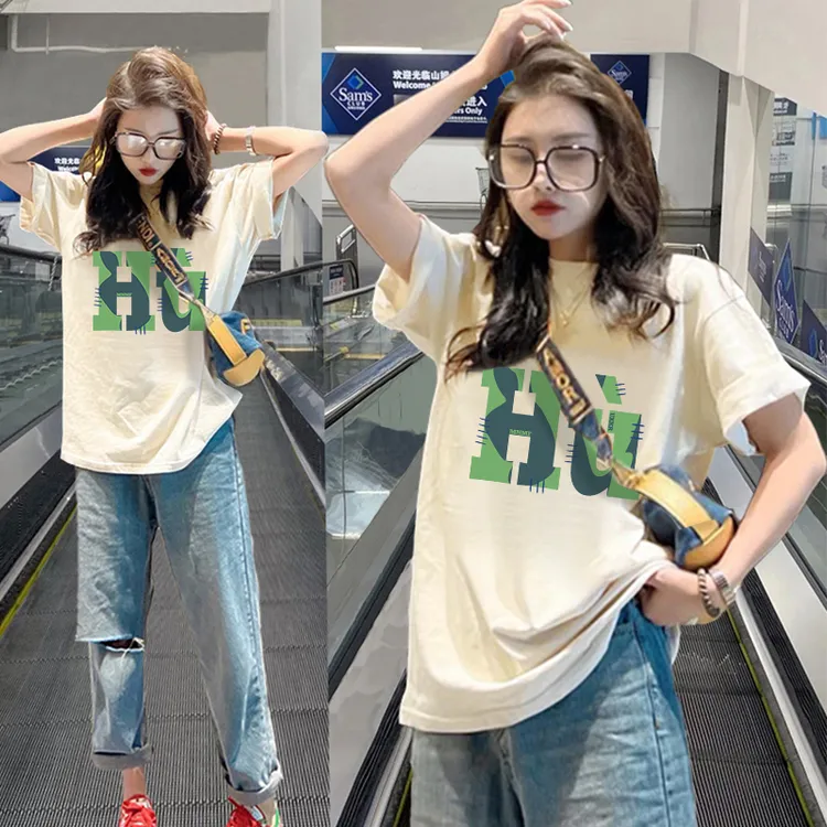 韩版杏色纯棉落肩短袖t恤女夏季新款爆款宽松洋气百搭圆领上衣