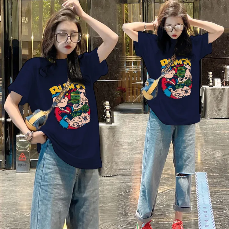 大力水手落肩短袖女2025新款爆款圆领时髦宽松上衣女遮肚子t恤